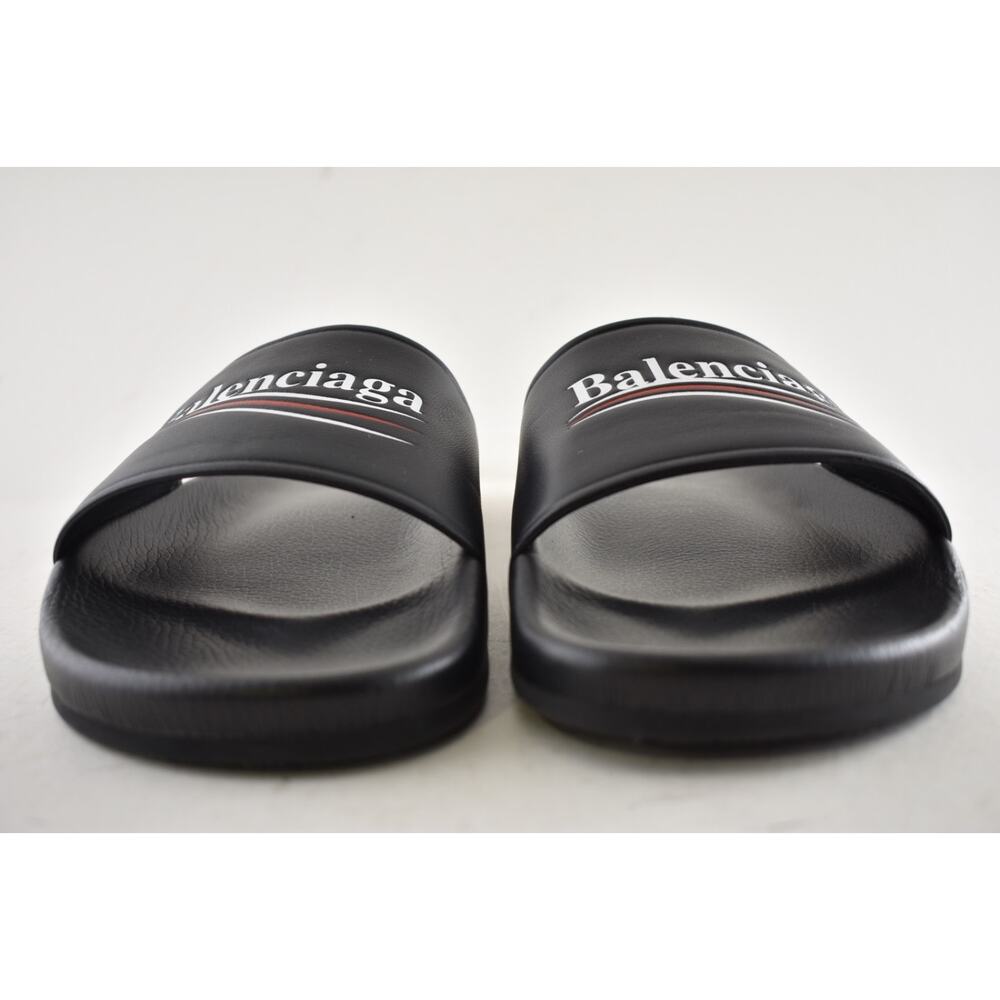Balenciaga Black Leather Campaign Logo Slide Pool Sandal Flip Flop Flat 44 11 - Picture 9 of 15